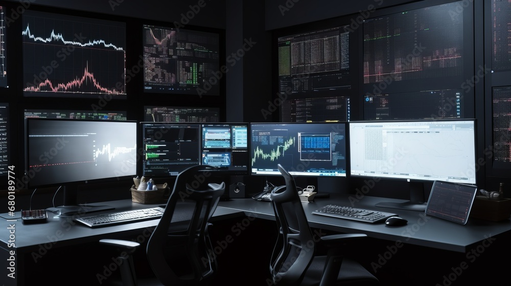 Naklejka premium Business Office of Financial Analyst Trader Investor Working on Computer with Multi-Monitor Workstation with Real-Time Stocks, Commodities and cryptocurrency Exchange Market Charts. 