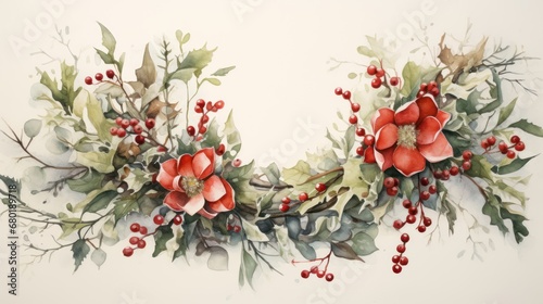  a watercolor painting of a christmas wreath with poinsettis, holly, and red berries on a white background with red berries and green leaves and red berries.