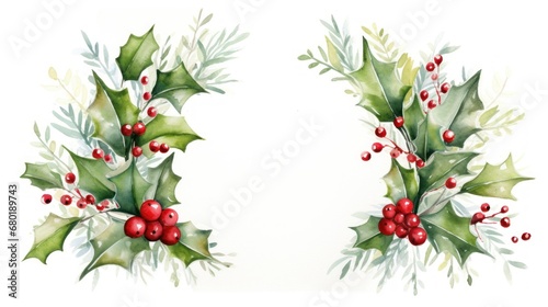  two christmas holly wreaths with red berries and green leaves on a white background with a place for a text or a picture or a clipping on a white background.