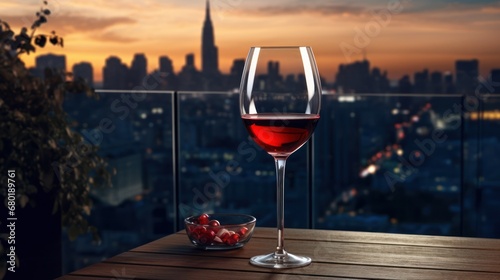  a glass of red wine and a bowl of cherries on a table in front of a cityscape at sunset with a cityscape in the background.