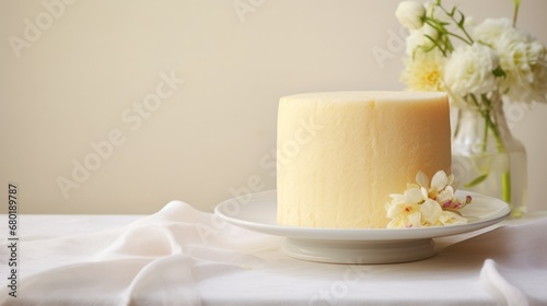 a close up of a cake on a plate on a table with a vase of flowers on the side of the plate and a white table cloth on the table.