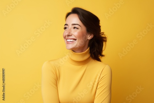 Portrait of a joyful woman in her 30s wearing a classic turtleneck sweater against a pastel yellow background. AI Generation © CogniLens