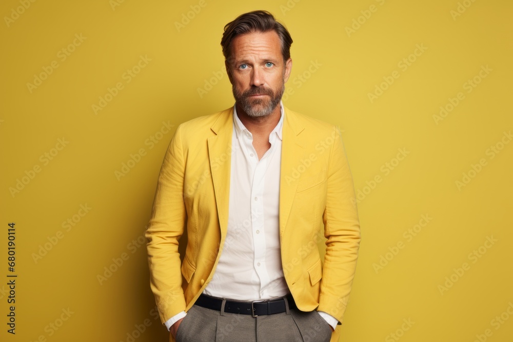 Portrait of a tender man in his 40s dressed in a stylish blazer against a pastel yellow background. AI Generation Portrait of a tender man in his 40s dressed in a stylish blazer against a pastel yellow background. AI Generation