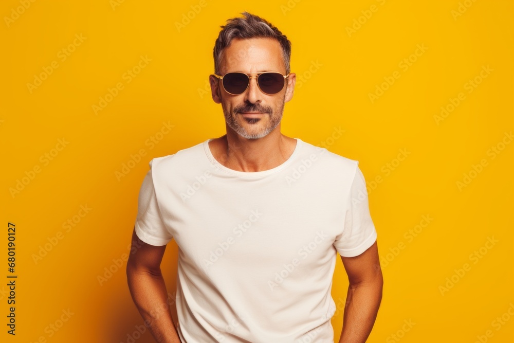 Portrait of a content man in his 40s donning a trendy cropped top against a pastel yellow background. AI Generation Portrait of a content man in his 40s donning a trendy cropped top against a pastel yellow background. AI Generation