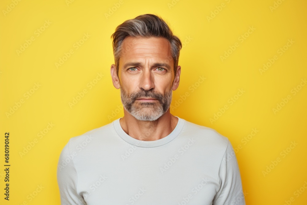 Portrait of a content man in his 40s donning a trendy cropped top against a pastel yellow background. AI Generation