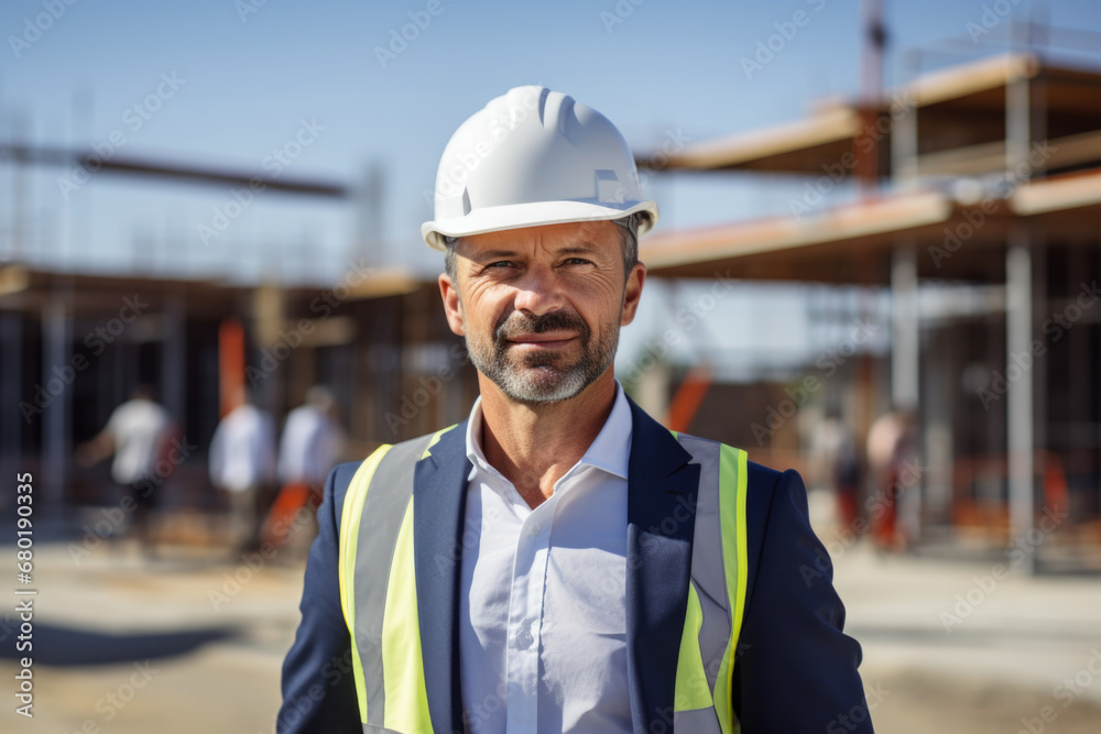 A male architect at a construction project, standing confidently and gazing directly at the camera, professional photography A male architect at a construction project, standing confidently and gazing directly at the camera, professional photography