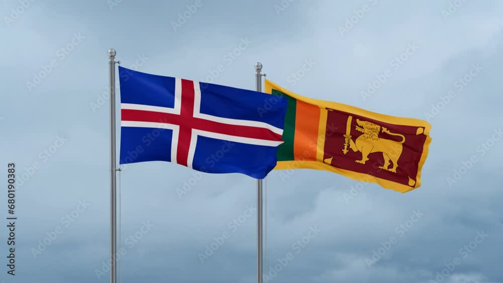 Sri Lanka and Iceland flag waving together on cloudy sky, endless seamless loop, two country cooperation concept Sri Lanka and Iceland flag waving together on cloudy sky, endless seamless loop, two country cooperation concept