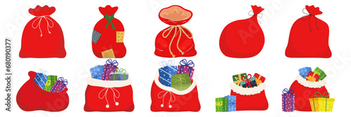 Red sack with Christmas gifts cartoon Santa bags filled with gift boxes on blank background vector illustration Happy New Year