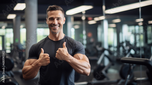 In this dynamic scene, a fitness coach stands in a gym, giving a double thumbs-up sign, radiating encouragement and support. The blurred gym background adds to the energetic atmosphere.