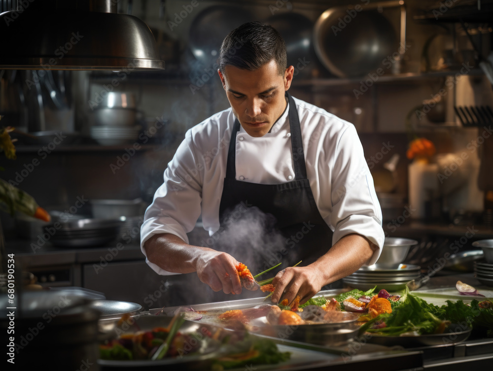 Portrait of a male chef in a bustling restaurant kitchen, passionately creating a dish Portrait of a male chef in a bustling restaurant kitchen, passionately creating a dish
