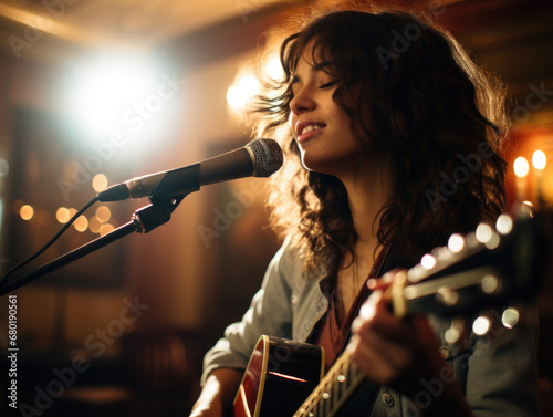 In a charming pub, a talented female singer-songwriter graces the stage, delivering heartfelt ballads with her soulful voice.  photo