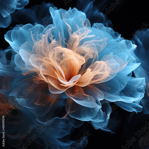 Contours of beautiful blue blue lotus flower blur on black background, color transitions and swirls, beautiful unusual wallpaper, creative floral background, design element