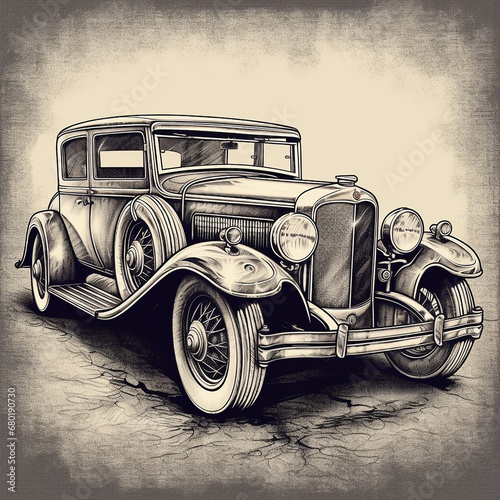 Vintage retro car, auto, black and white drawing, engraving style, for design and decoration