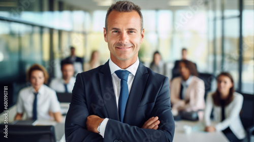 In this professional setting, a successful businessman occupies a boardroom seat while his team stands in the background, highlighting his leadership and teamwork.