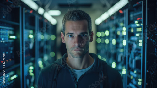 A male IT specialist in a server room, standing by computer racks and maintaining eye contact with the camera, professional photography