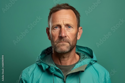 Portrait of a glad man in his 40s wearing a functional windbreaker against a pastel green background. AI Generation