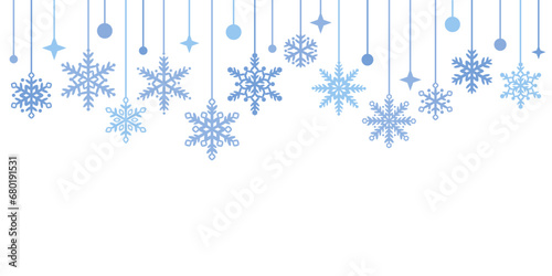 Winter holiday vector snowflake border, greeting banner white and blue background design