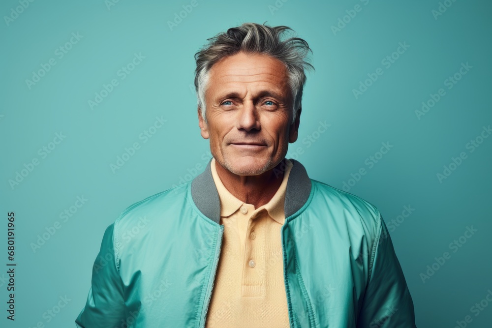 Fototapeta premium Portrait of a blissful man in his 50s wearing a trendy bomber jacket against a pastel teal background. AI Generation