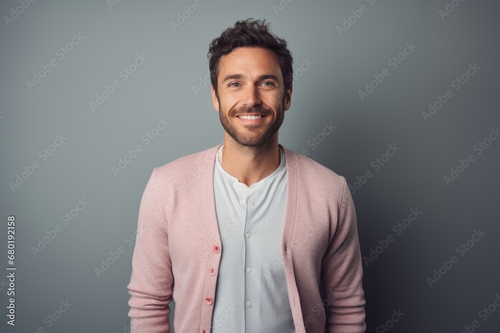 Portrait of a happy man in his 30s wearing a chic cardigan against a pastel gray background. AI Generation Portrait of a happy man in his 30s wearing a chic cardigan against a pastel gray background. AI Generation