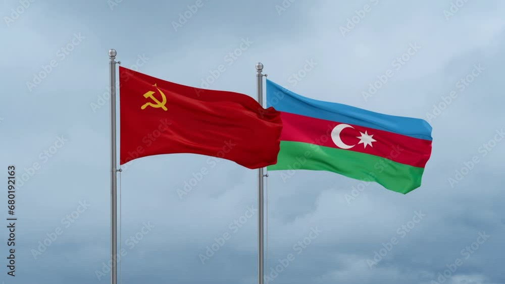 Azerbaijan and Soviet Union or USSR flag waving together on cloudy sky, endless seamless loop, two country cooperation concept Azerbaijan and Soviet Union or USSR flag waving together on cloudy sky, endless seamless loop, two country cooperation concept