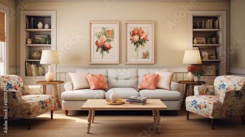 Wholesome family living room with comfortable furniture, playful patterns, and an untouched frame representing the heart of the home, ready for your family portraits. © Tae-Wan