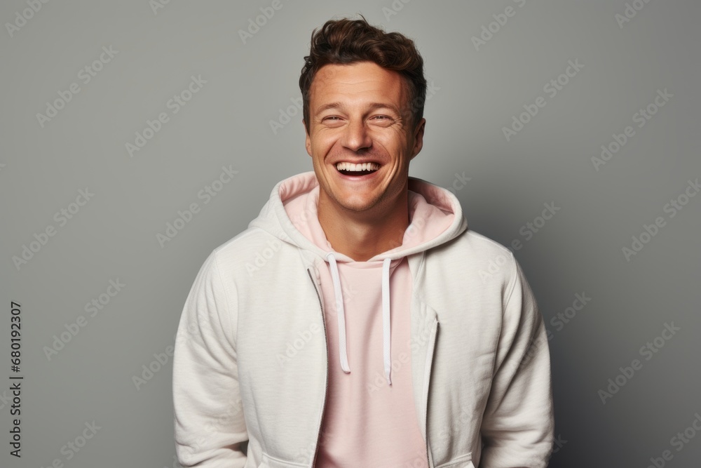 Portrait of a grinning man in his 30s wearing a zip-up fleece hoodie against a pastel gray background. AI Generation