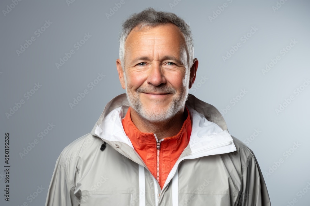 Portrait of a satisfied man in his 60s wearing a lightweight packable anorak against a pastel gray background. AI Generation Portrait of a satisfied man in his 60s wearing a lightweight packable anorak against a pastel gray background. AI Generation