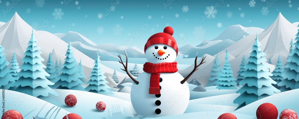 Snowman standing in witer snowy landscape, christmas greeting card banner illustration. Generative Ai. Snowman standing in witer snowy landscape, christmas greeting card banner illustration. Generative Ai.