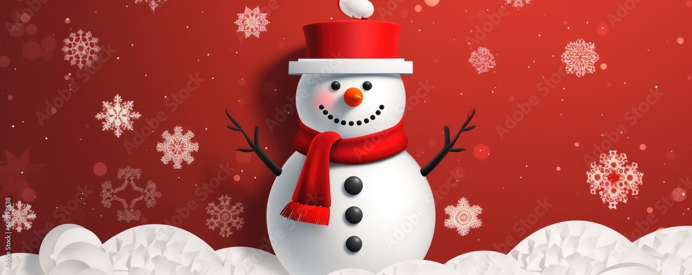 Snowman standing in witer snowy landscape, christmas greeting card banner illustration. Generative Ai.