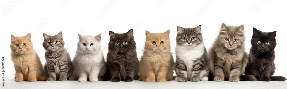 Cute cat kittens, sitting beside each other in order from dark to light color. Isolated on a white background.