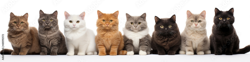 Cute cats on Isolated on a white background. All looking towards camera.