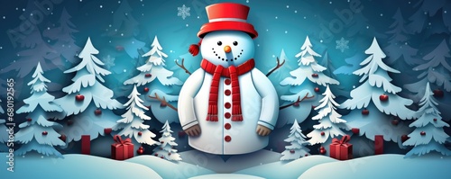Snowman standing in witer snowy landscape, christmas greeting card banner illustration. Generative Ai. photo