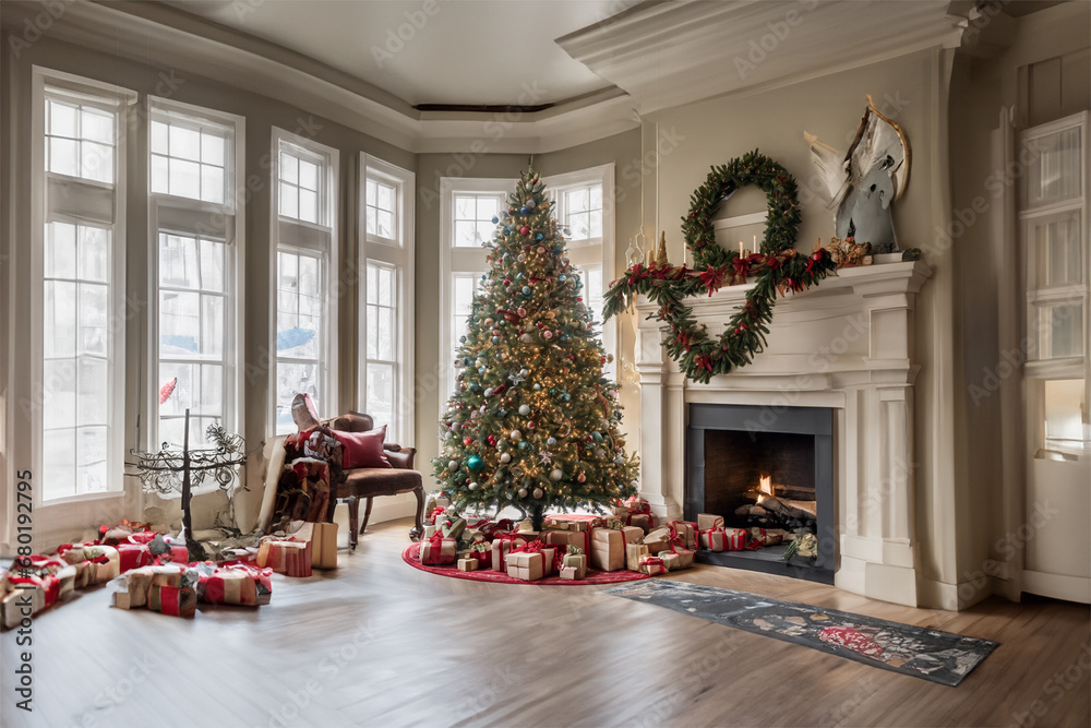 Christmas tree in a modern house with windows and a fireplace