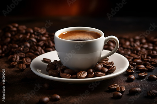 Gourmet Coffee Experience: Espresso Cup and Saucer, Coffee Beans Scattered on a Dark Wood Table
