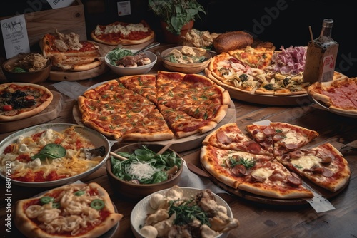 Table full of different types of pizza. Pizza party for friends or family. A lot of Fast  high calorie unhealthy food. Italian cuisine concept.