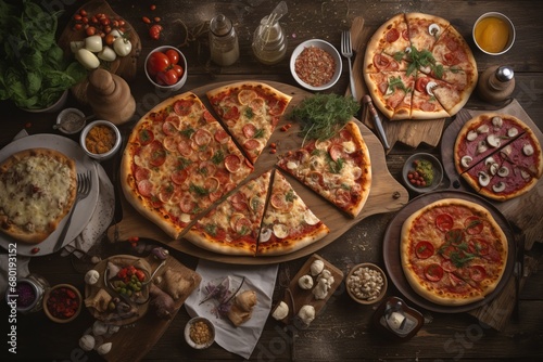 Table full of different types of pizza. Pizza party for friends or family. A lot of Fast, high calorie unhealthy food. Italian cuisine concept. photo