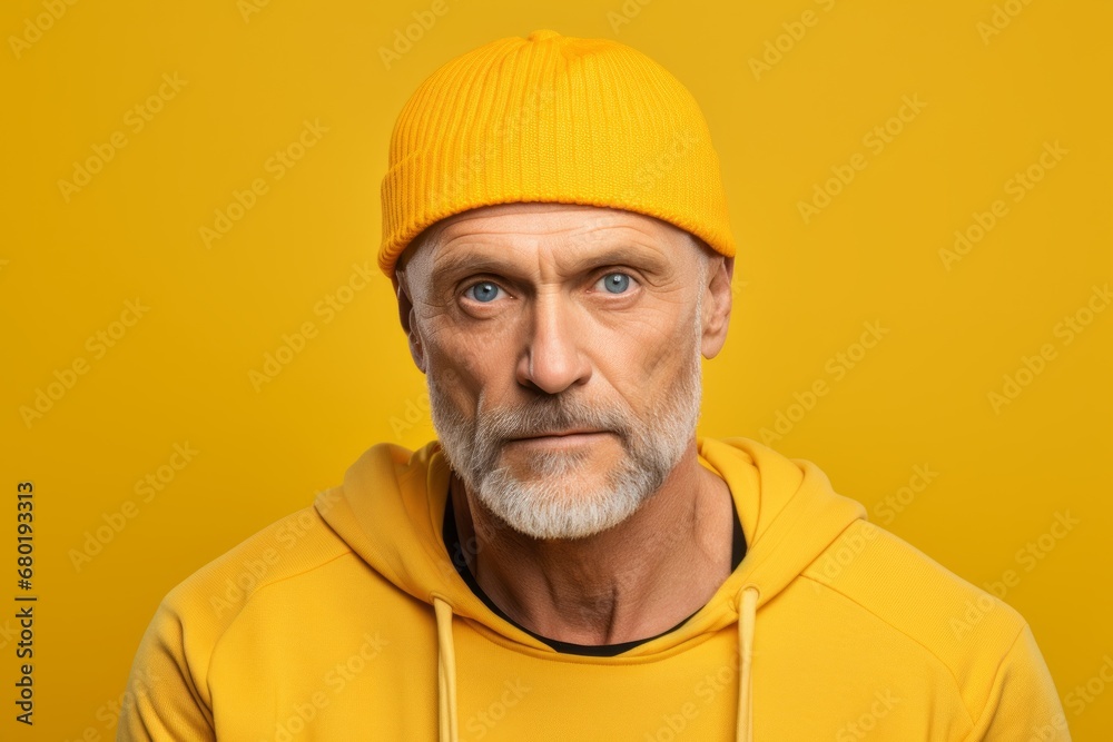Portrait of a content man in his 50s sporting a trendy beanie against a soft yellow background. AI Generation