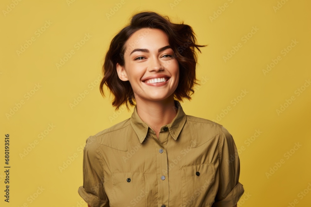 Portrait of a satisfied woman in her 20s sporting a breathable hiking shirt against a soft yellow background. AI Generation Portrait of a satisfied woman in her 20s sporting a breathable hiking shirt against a soft yellow background. AI Generation