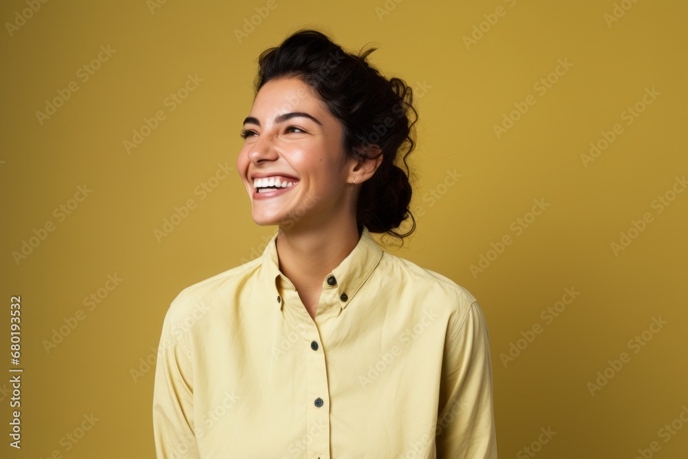 Portrait of a satisfied woman in her 20s sporting a breathable hiking shirt against a soft yellow background. AI Generation Portrait of a satisfied woman in her 20s sporting a breathable hiking shirt against a soft yellow background. AI Generation