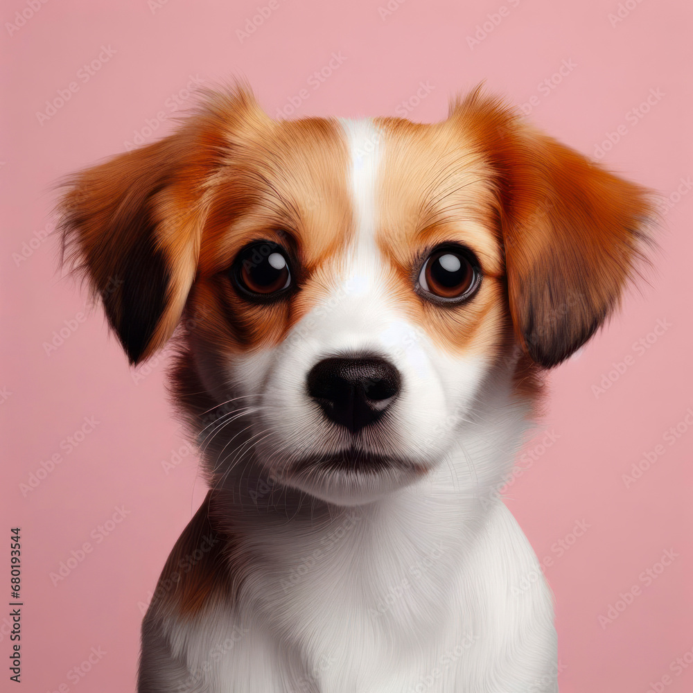 Photo of a Shocked cute dog face on solid color background. ai generative