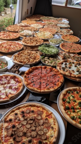 Table full of different types of pizza. Pizza party for friends or family. A lot of Fast, high calorie unhealthy food. Italian cuisine concept.