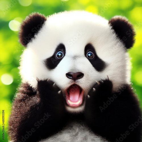 Photo of a Shocked cute panda on nature background. ai generative