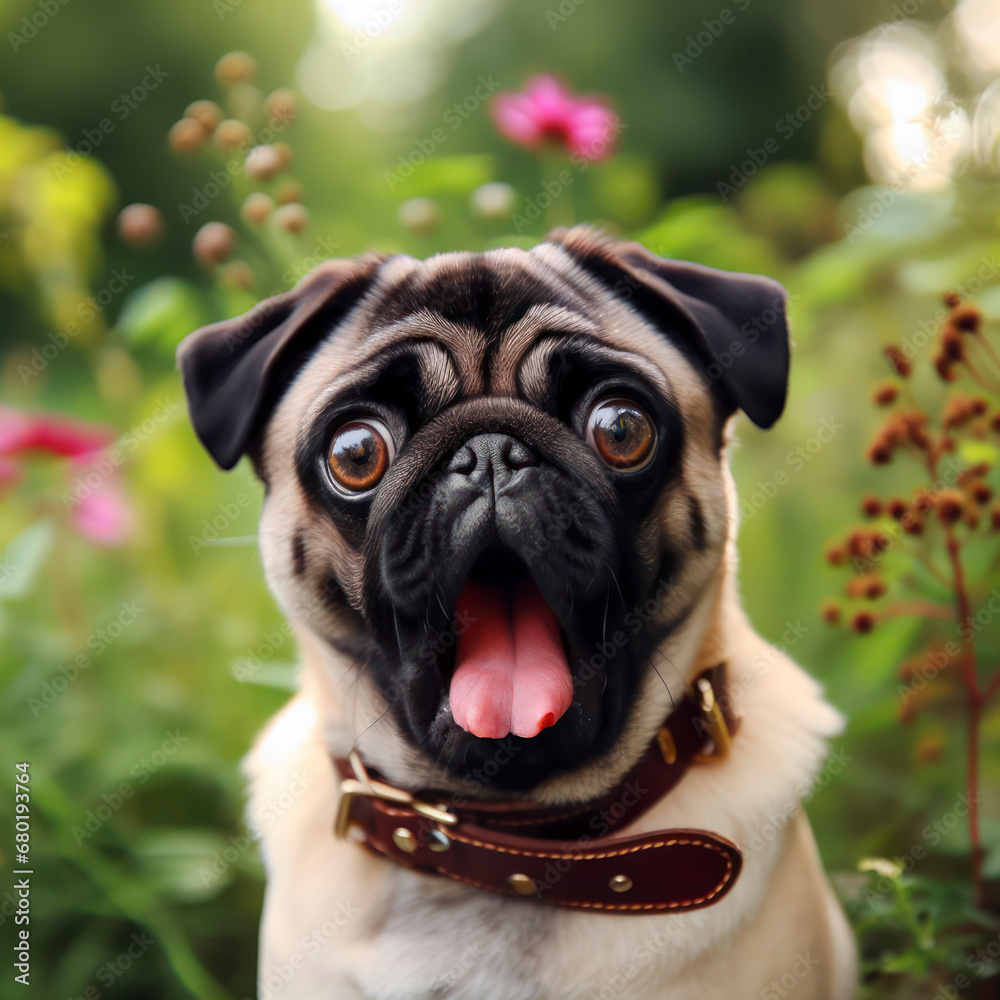 Photo of a Shocked Pug dog on nature background. ai generative