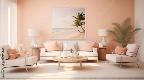 A serene living room in soft peach, featuring minimalist decor and comfortable seating arrangements. The room is a tranquil oasis, inviting you to escape the hustle and bustle of everyday life.