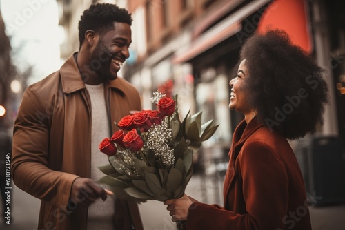 african american Man giving smiling woman bouquet of flowers.
