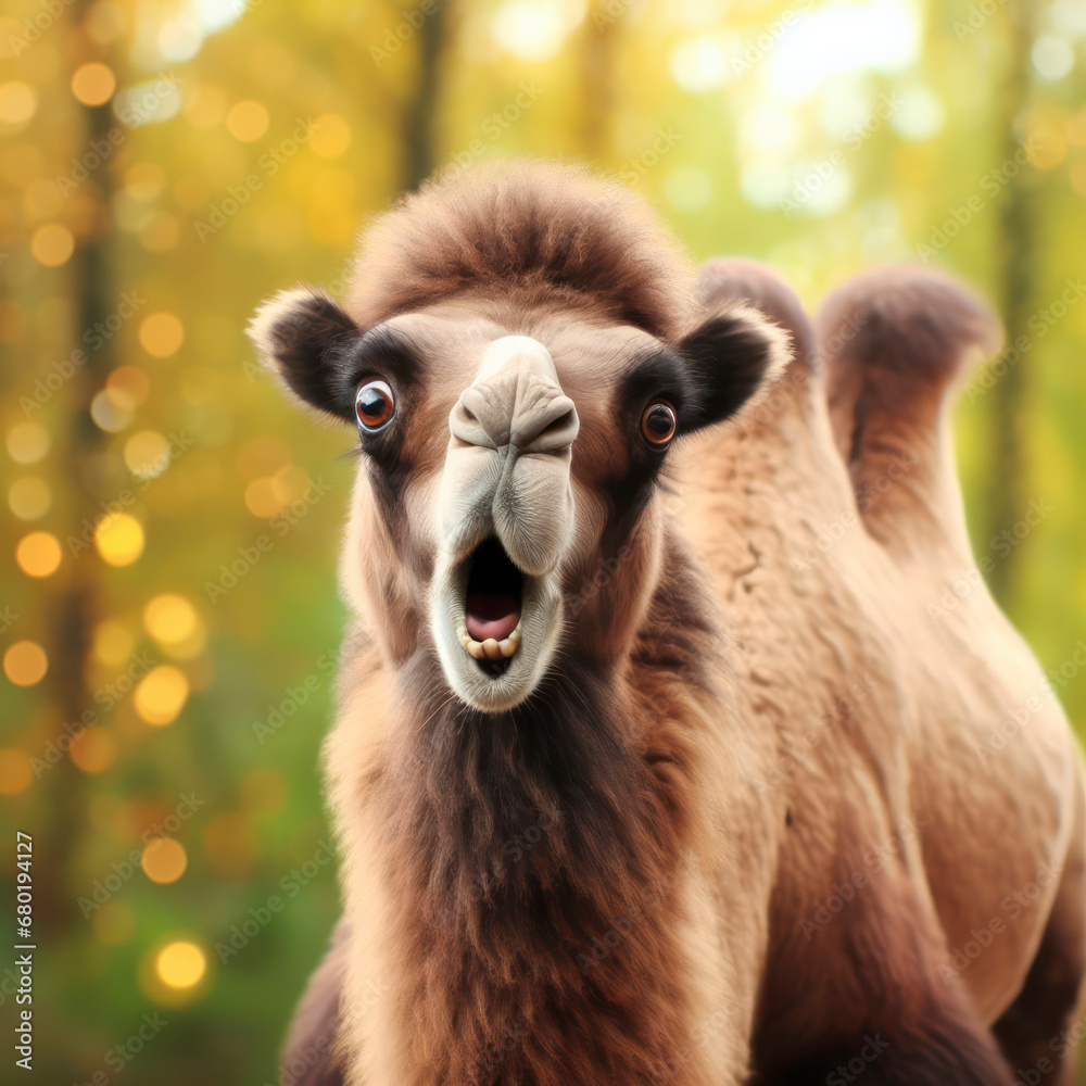 Photo of a Shocked real camel on nature bokeh background. ai generative