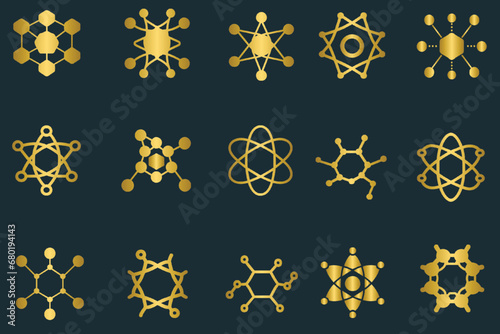 Set of golden molecule icons, gold molecule element designs