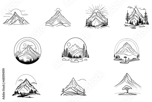 Set of mountain line art designs