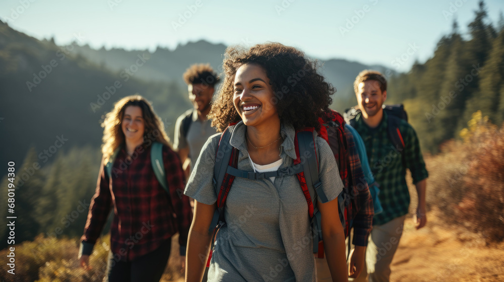 Group of friends hiking in scenic mountain landscape Group of friends hiking in scenic mountain landscape