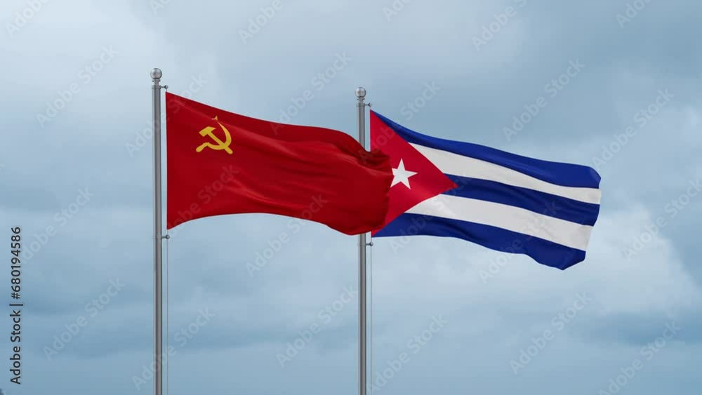 Cuba and Soviet Union or USSR flag waving together on cloudy sky, endless seamless loop, two country cooperation concept Cuba and Soviet Union or USSR flag waving together on cloudy sky, endless seamless loop, two country cooperation concept